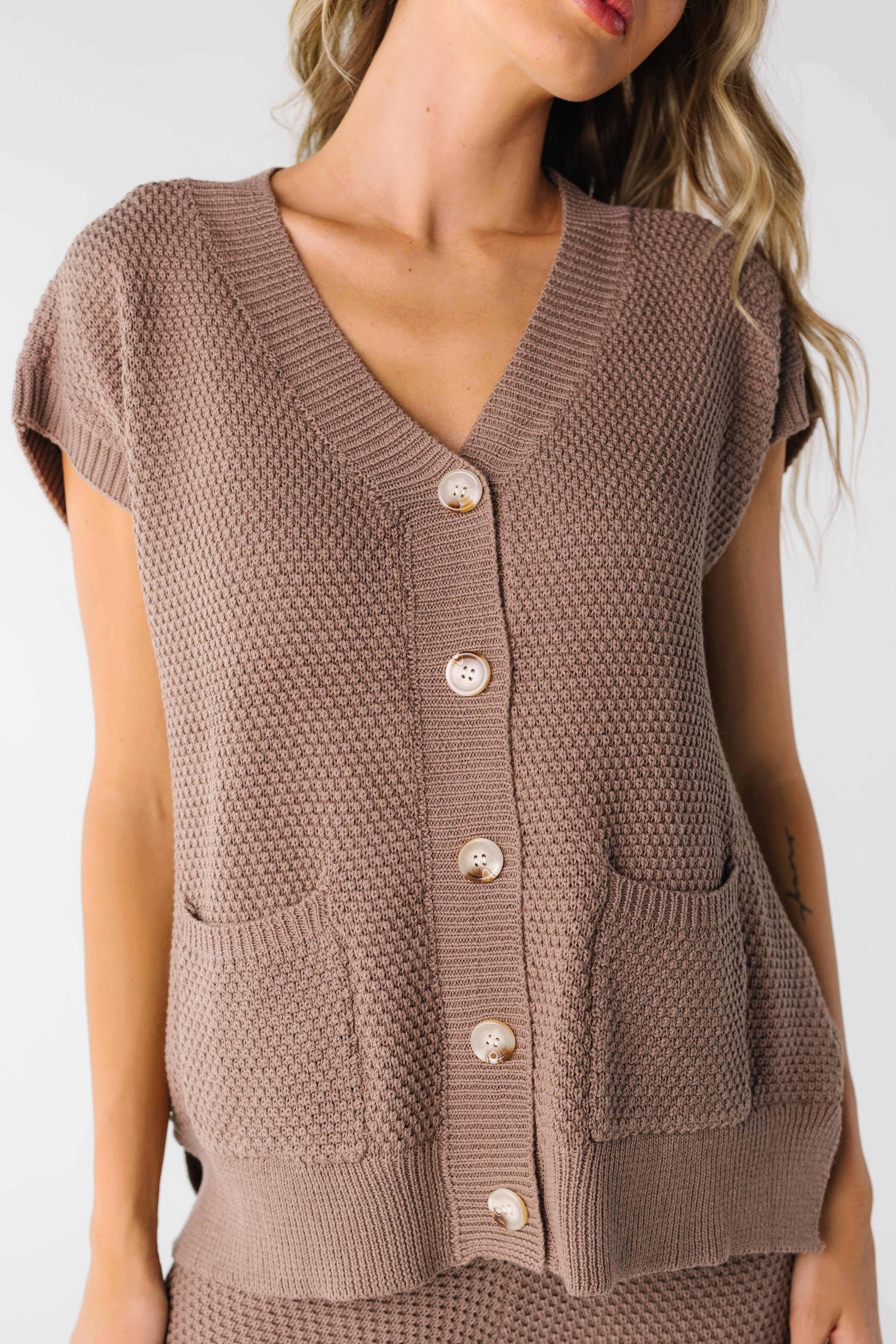 Dalia Waffle Knit Button-Up Vest and Pant Set