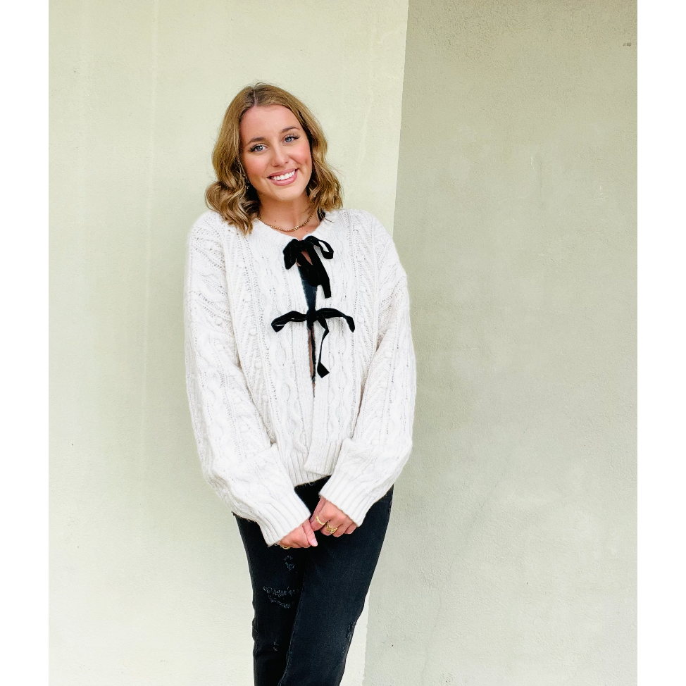 Velvet Bow Elegance Cable Knit Cardigan