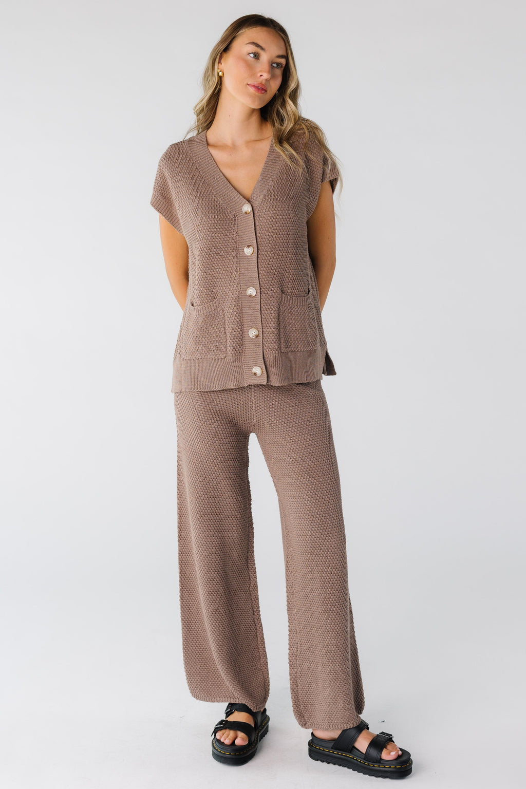 Dalia Waffle Knit Button-Up Vest and Pant Set